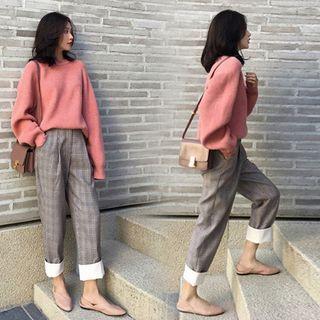 Crew-neck Sweater / Plaid Wide-leg Pants / Set