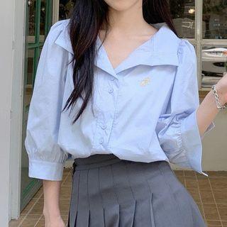 Elbow-sleeve Embroidered Open-collar Shirt