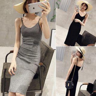 V-neck Plain Ribbed Skinny Split Dress