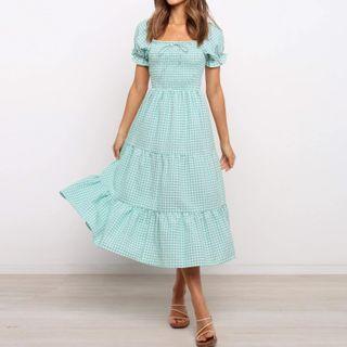 Short-sleeve Check Midi Smock Dress
