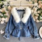 Furry Trim Denim Jacket Blue - One Size