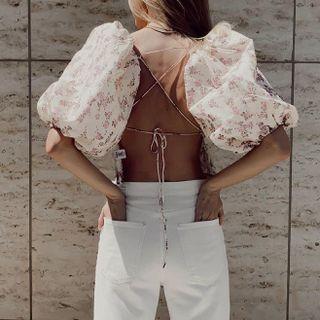 Puff-sleeve Floral Print Open-back Crop Top