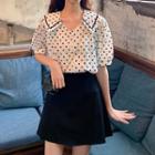Puff-sleeve Dotted Blouse / Pleated A-line Mini Skirt