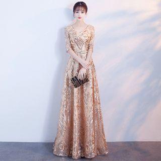 Elbow-sleeve Sequined A-line Gown
