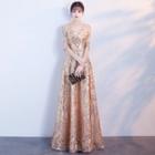 Elbow-sleeve Sequined A-line Gown
