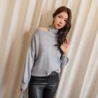 Slit-shoulder Ribbed Knit Top Gray - One Size