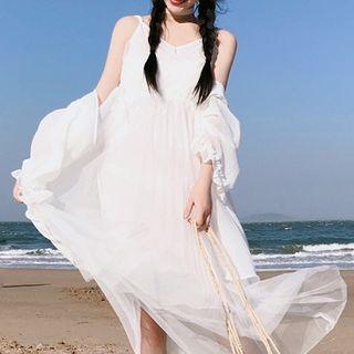 Light Jacket / Set: Mesh Maxi Sundress + Strappy Dress