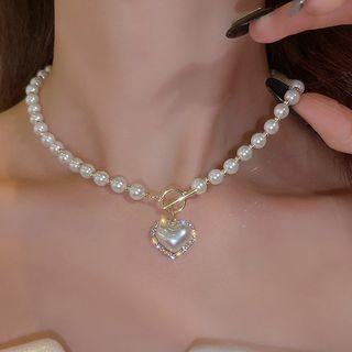Heart Faux Pearl Pendant Rhinestone Choker White - One Size