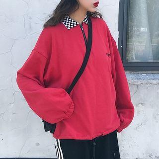 Checker Collar Drawcord-hem Polo Sweatshirt