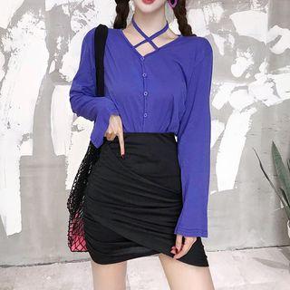 Cross-strap Cardigan / Asymmetrical Mini Pencil Skirt