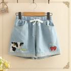 Cow & Strawberry Embroidered Denim Shorts