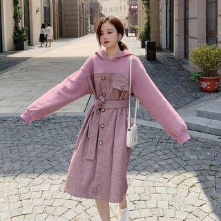 Mock Two-piece Panel Wool Strap Hooded Sweatshirt Dress