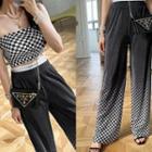 Pleated Checkered Tube Top & Pants Set Black - One Size