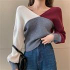 Long-sleeve V-neck Color Block Knit Top As Shown In Figure - One Size