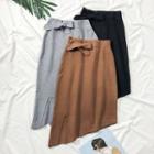 Ribbon-accent Asymmetric Knit Skirt