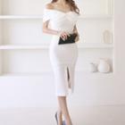 Short-sleeve Off-shoulder Knot-front Sheath Dress