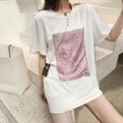 Printed Long T-shirt Pink & White - One Size