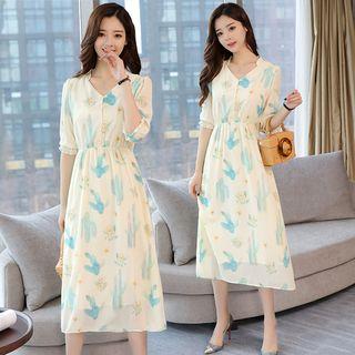 Cactus Print Elbow-sleeve A-line Chiffon Dress