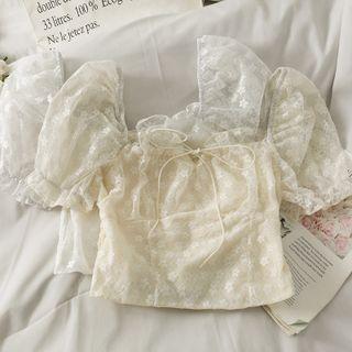 Boatneck Tie-neckline Lace Crop Top