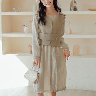 Set: Long-sleeve Chiffon A-line Dress + Collared Vest