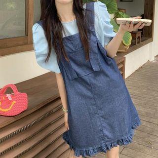 Puff-sleeve Blouse / Ruffle Trim Denim Overall Dress