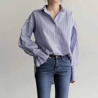 Long-sleeve Frill Trim Striped Shirt