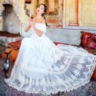 Puff-sleeve Off-shoulder Lace Maxi A-line Dress