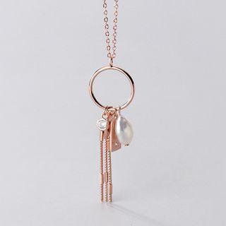 Pearl Rhinestone Fringed Pendant Sterling Silver Necklace