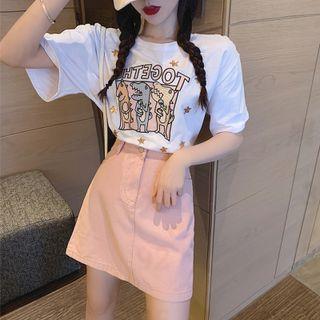 Cartoon Print T-shirt / Mini A-line Skirt / Set