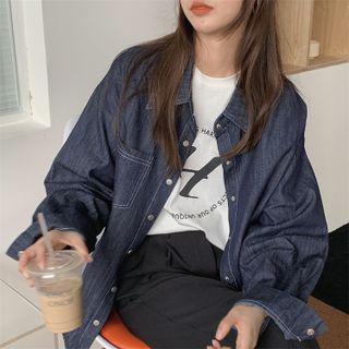 Oversized Pocket-detail Long-sleeve Denim Shirt Blue - One Size