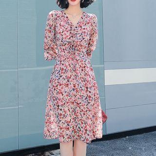 Elbow-sleeve Floral Print Drawstring A-line Dress