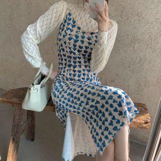 Long-sleeve Mock-neck Lace Top / Spaghetti Strap Heart Print Midi A-line Dress
