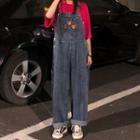 High-waist Embroider Bear Washed Denim Straight-cut Jumpsuit