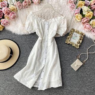Floral Embroidered Faux-pearl Button Off-shoulder Dress