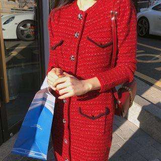 Rhinestone-button Wool Blend Tweed Dress Red - One Size