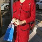 Rhinestone-button Wool Blend Tweed Dress Red - One Size