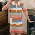 Short-sleeve Striped Mini Polo Dress As Shown In Figure - One Size