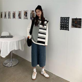 Striped Panel Vest / Long-sleeve Applique T-shirt / High-waist Slit Denim Skirt