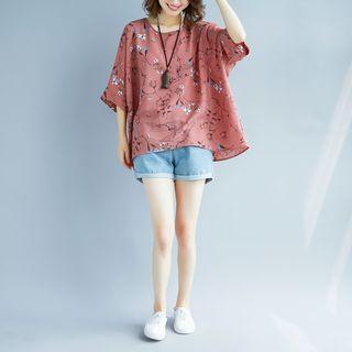 Floral Print Elbow-sleeve Chiffon T-shirt