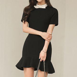 Bow Accent Ruffle Hem Short-sleeve Dress