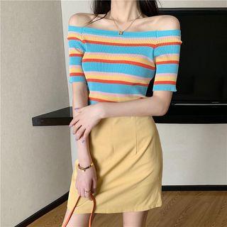 Short-sleeve Striped Knit Top Muticolour - One Size