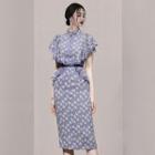 Short-sleeve Floral Print Ruffled Bodycon Dress