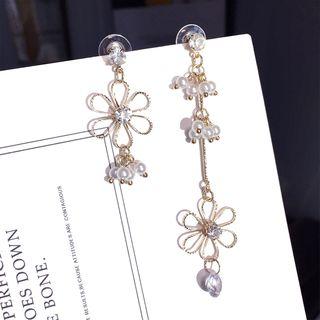 Non-matching Rhinestone Faux Pearl Flower Dangle Earring 1 Pair - Gold - One Size
