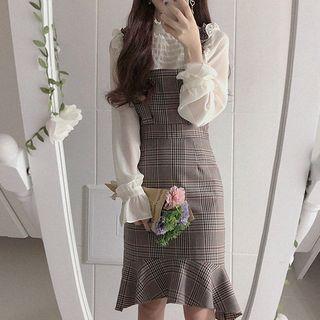 Ruffled Blouse / Plaid Mermaid Pinafore Dress