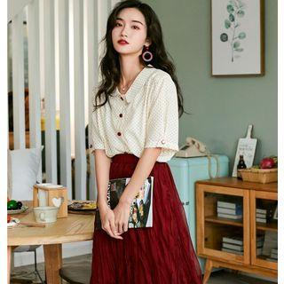 Short-sleeve Dotted Blouse / Midi Ruched A-line Skirt
