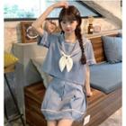 Sailor Collar Contrast Trim Short-sleeve Blouse / Pleated Skirt