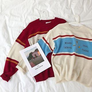 Color-block Lettering-embroidered Crewneck Knit Top