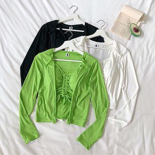 Set Of 2: Ruched Front Padded Camisole + Open Front Long-sleeve Top