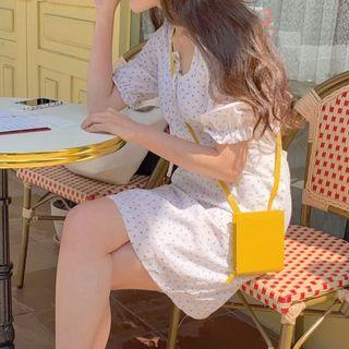 Puff-sleeve Tie-neck Floral Print Dress White - One Size