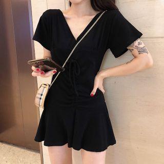 Ruched Front V-neck Short-sleeve Mini Dress